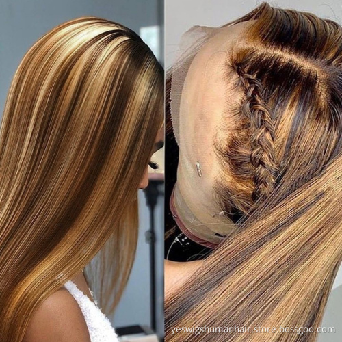 Wholesale Virgin Straight Human Hair Cuticle Aligned  Lace Front Wigs Piano Highlight Ombre Color Wig For Black Women Baby Hair